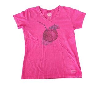 Life Is‎ Good T-Shirt Coconut Drink Pina Colada Graphic Womens Small FLAW READ